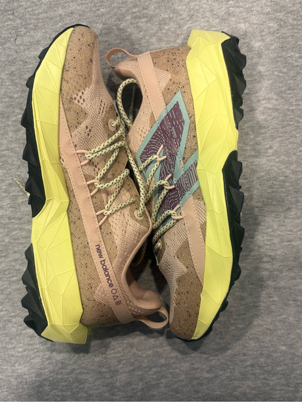 New Balance Women's Tan Knit Trail Sneakers with Yellow Midsole and Mint Accents